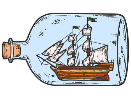 Ship in a bottle. Sketch scratch board imitation color.のイラスト素材