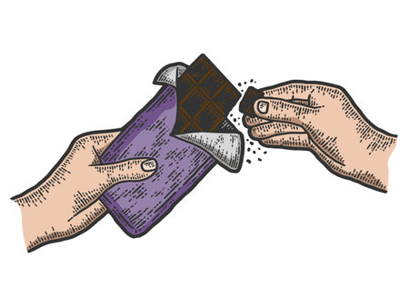 Hands breaking chocolate slow motion. Sketch scratch board imitation color.のイラスト素材