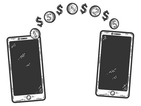 Money transfer, using a mobile phone. Sketch scratch board imitation. Black and white.のイラスト素材