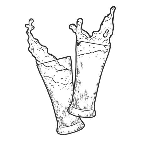 Two glasses of beer. Sketch scratch board imitation. Black and white.のイラスト素材
