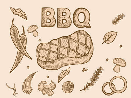Barbecue set. Sketch scratch board imitation sepia.の写真素材