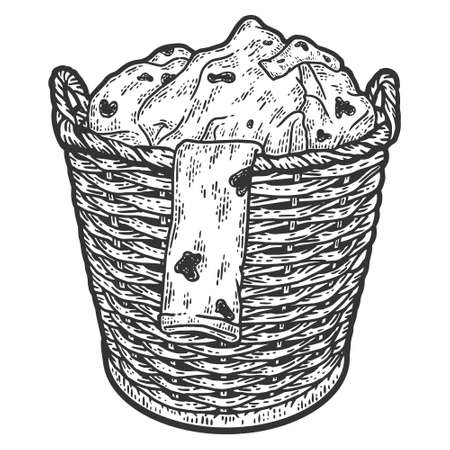 Basket of dirty laundry. Engraving vector illustration. Sketch scratch board imitation.のイラスト素材