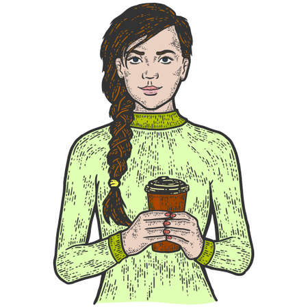 Autumn girl. Sketch scratch board imitation color.のイラスト素材