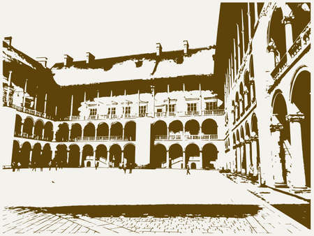 Vintage courtyard, Krakow, city of European country Poland.のイラスト素材