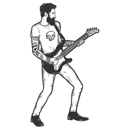 Adult creative musician with electric concert guitar. Sketch scratch board imitation color.のイラスト素材