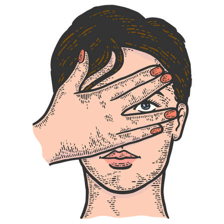 The girl peeps through her fingers. Sketch scratch board imitation color.のイラスト素材