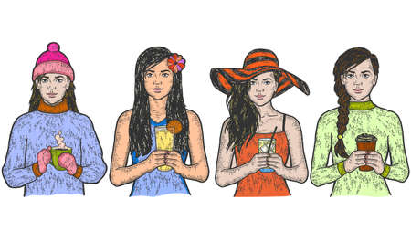 Set of people with drinks, four seasons of the year. Sketch scratch board imitatio color.のイラスト素材