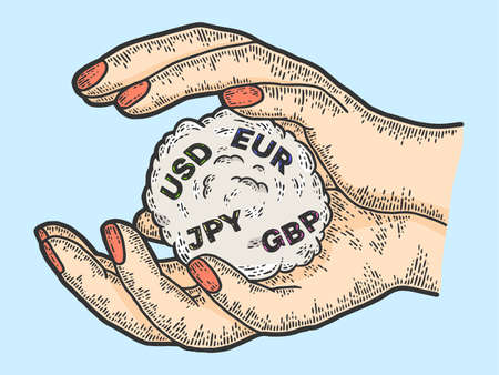 Exchange rate. Hands hold currency signs. Sketch scratch board imitation color.の写真素材