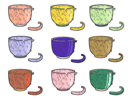 Set of colored cups. Crockery, broken cup. Sketch scratch board imitation.の写真素材