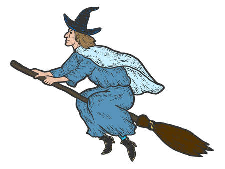 Witch flying on a broomstick. Sketch scratch board imitation color.のイラスト素材