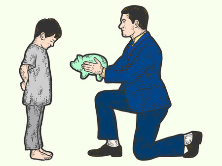 Charity. Businessman gives a piggy bank color, finances to a poor child.のイラスト素材