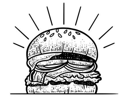 Burger. Big sandwich. Line art sketch picture. Hand drawn.の写真素材