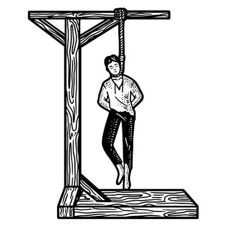 Gallows and the hanged man. Line art sketch picture. Hand drawn.のイラスト素材