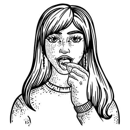 Girl swallows pill. Taking medicines, treatment. Line art sketch picture. Hand drawn.のイラスト素材
