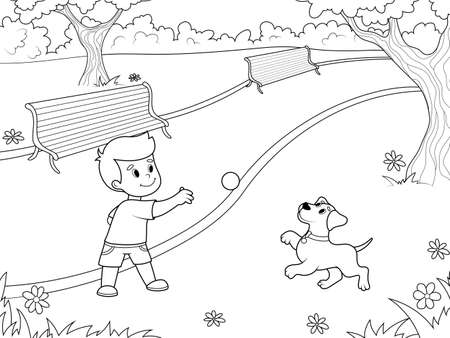 Boy playing with his pet in urban park. Dog catching little ball. Man outdoor happy activity puppy. Page for printable children coloring book.のイラスト素材