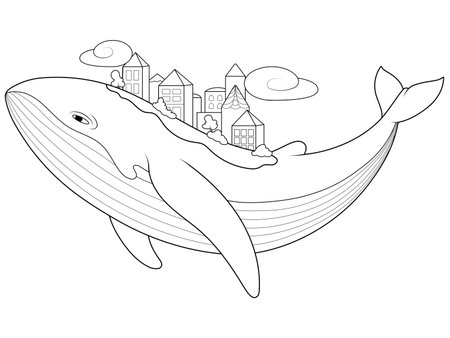 Houses town city on the back of a whale. Raster, page for printable children coloring book.の写真素材