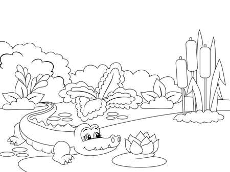 Crocodile on the river bank. Animals cartoon. Coloring page outline of cartoon. Vector illustration, coloring book for kids.のイラスト素材