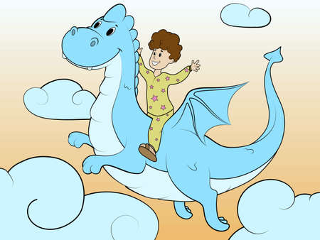 Children color, the boy flies on a dragon in the sky.のイラスト素材