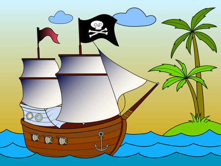 Pirate ship at sea, desert island. Image in zen-tangle style. Printable page for drawing and meditation.のイラスト素材