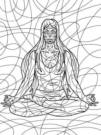 Girl in the lotus position, yoga. Freehand sketch for adult antistress coloring page with doodle and  elements.のイラスト素材
