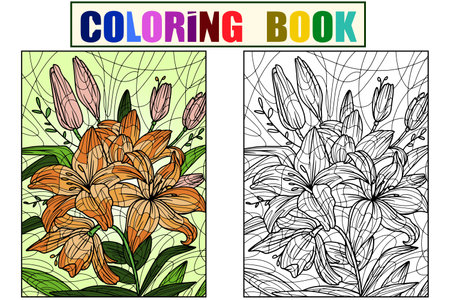 Flowers lilium. Seth coloring book and color drawing. Antistress for children and adults.のイラスト素材