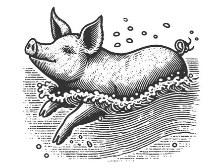 Swimming Pig engraving sketch vector illustrationのイラスト素材