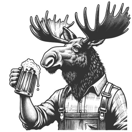 Moose Drinking Beer engraving vector illustrationのイラスト素材