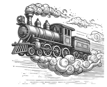 Steam Train Flying in Clouds vector illustrationのイラスト素材