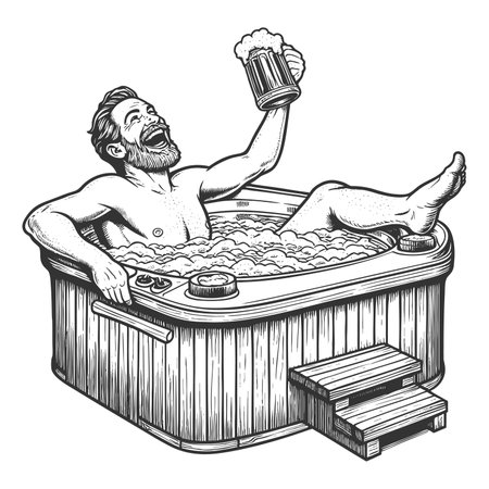 Man Relaxing in Hot Tub with Beer engraving rasterの写真素材