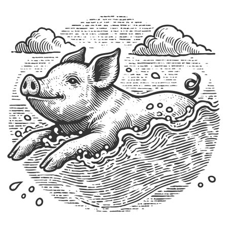 Swimming Pig engraving sketch vector illustrationのイラスト素材