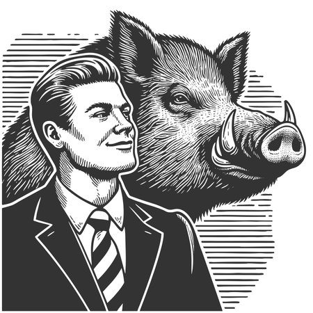 Businessman with a Boar Head Behind rasterの写真素材