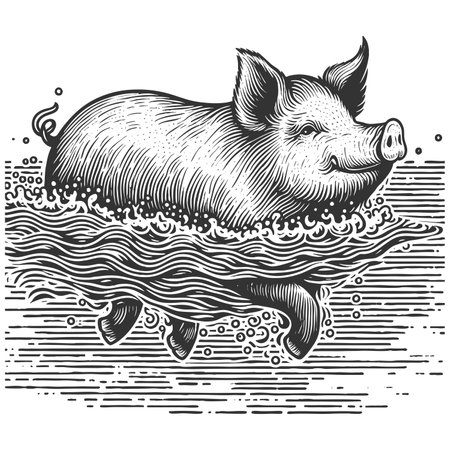 Swimming Pig engraving sketch raster illustrationの写真素材