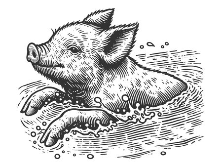Swimming Pig engraving sketch raster illustrationの写真素材
