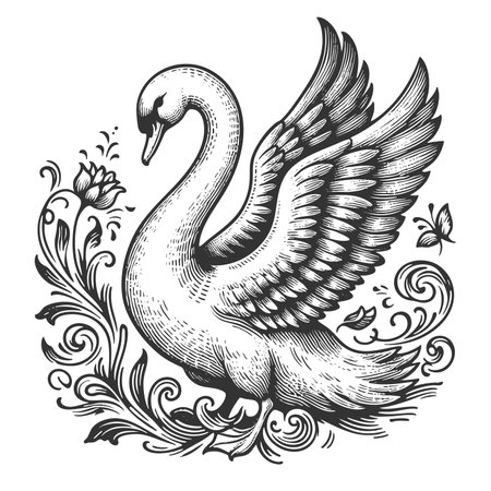 swan with raised wings raster illustrationの写真素材