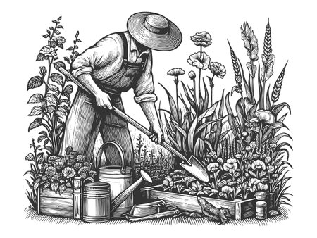 Gardener Working in Flower Garden vectorのイラスト素材