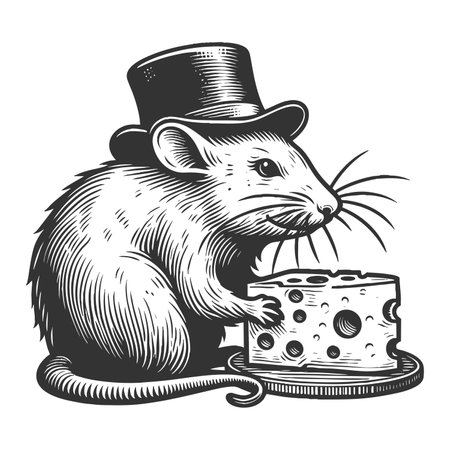 Mouse with Cheese and Top Hat raster illustrationの素材