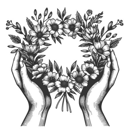Hands Holding Floral Wreath raster illustrationの素材