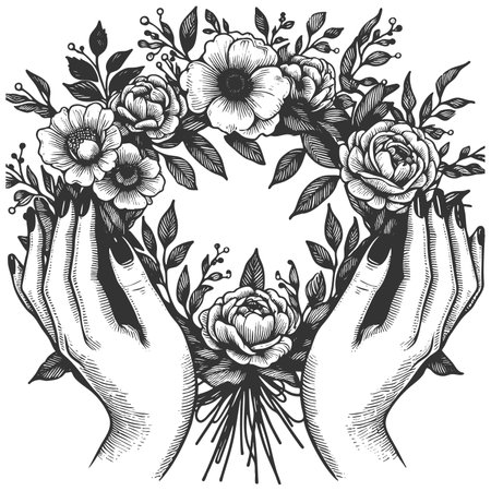 Hands Holding Floral Wreath raster illustrationの素材