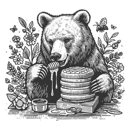 Bear Eating Honey from Beehive vector illustrationのイラスト素材