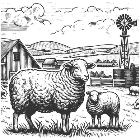 Sheep in Pasture vector illustrationのイラスト素材