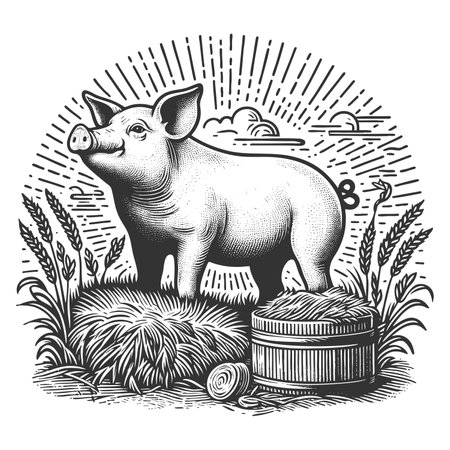 Farm Pig with Barn raster illustrationの写真素材