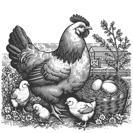 Chickens on a Farm raster illustration