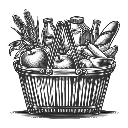 Picnic Basket with Bread and Fresh Produce vectorのイラスト素材