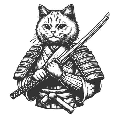 samurai cat with katana sword vector illustrationのイラスト素材