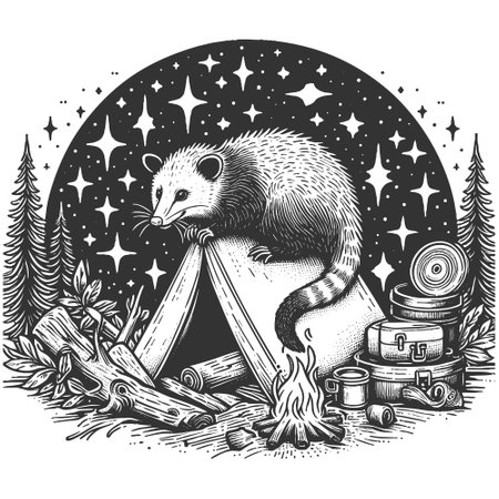 Opossum Exploring Campsite Under Starry Night Skyのイラスト素材
