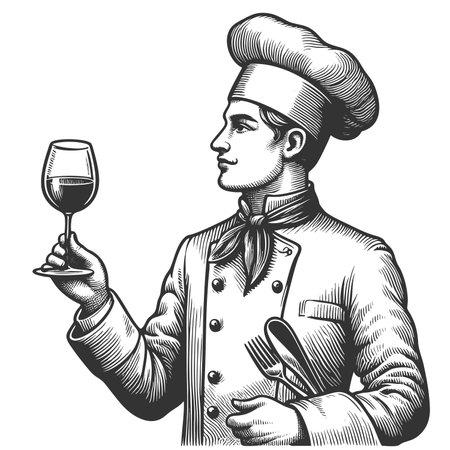 Chef Holding Wine Glass in Elegant Pose rasterの写真素材