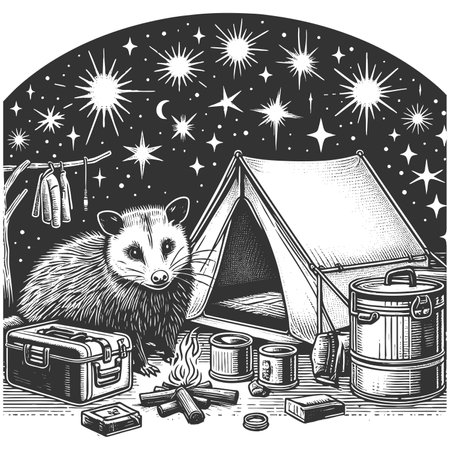 Opossum Exploring Campsite Under Starry Night Skyの写真素材