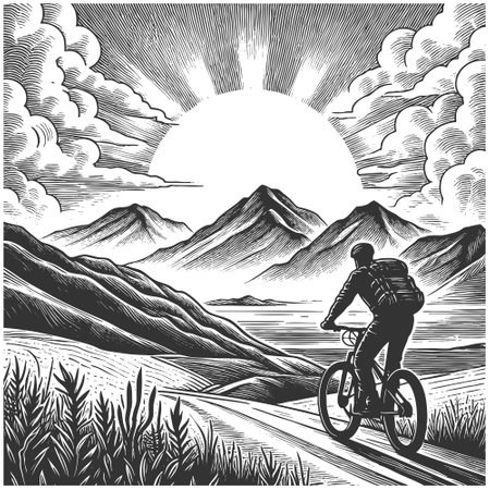Cyclist Admiring Mountain Landscape in Natureのイラスト素材