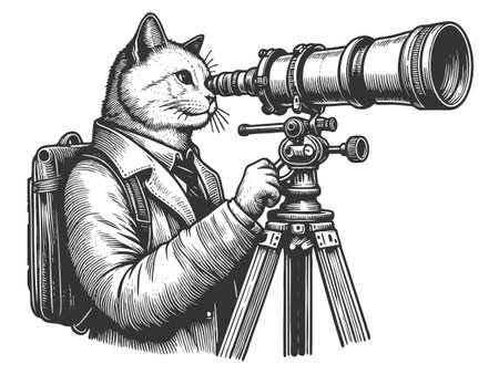 Explorer Cat Looking Through Telescope vectorのイラスト素材