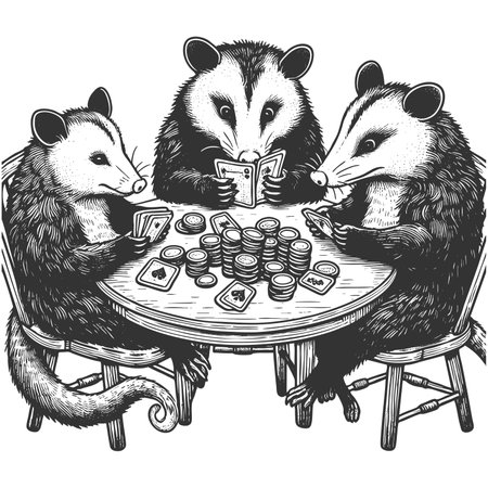 possums playing poker outdoors raster illustrationの写真素材